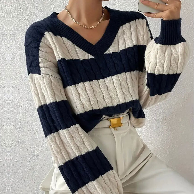 Autumn and Winter Sweater Women's All-match Pullover V-neck Long Sleeve Twisted Striped Contrast Color Knitted Cardigan