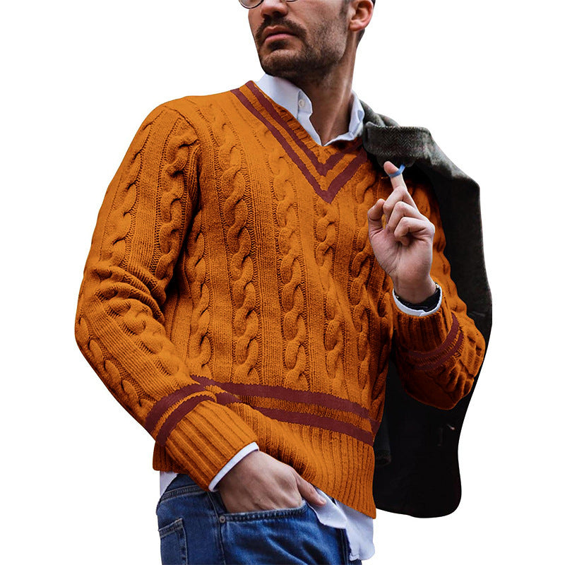 V-neck sweater men's striped color matching knitted sweater autumn and winter fashion sweater