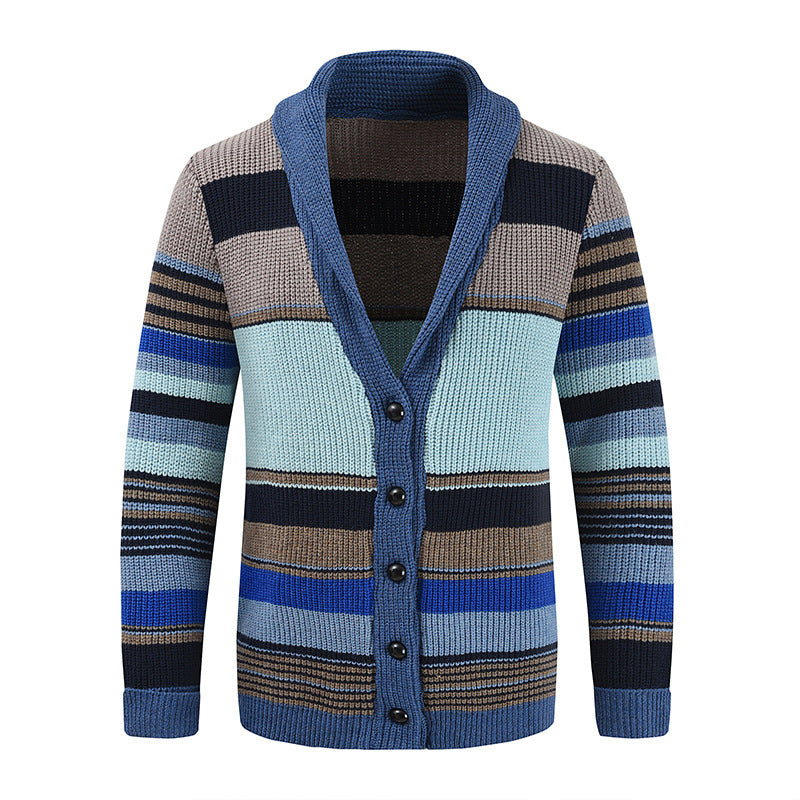 New Men's Sweater Jacket Autumn and Winter Lapel Colorblock Knitted Cardigan Sweater