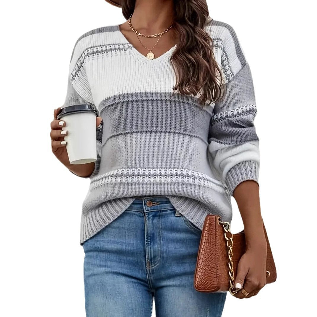 Loose V-neck colorblock striped sweater pullover long-sleeved sweater