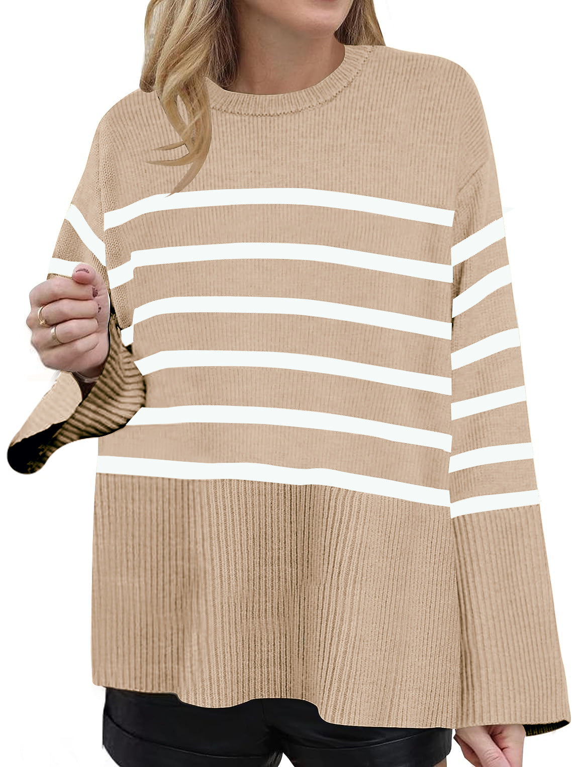 Fashionable ladies fresh and sweet round neck loose striped sweater