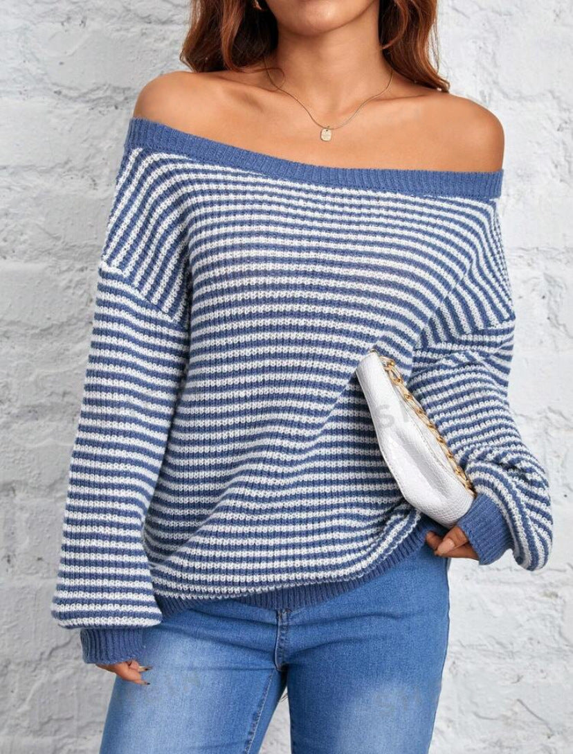 Winter new striped one-shoulder off-shoulder contrast striped lantern sleeve knitted women's clothing