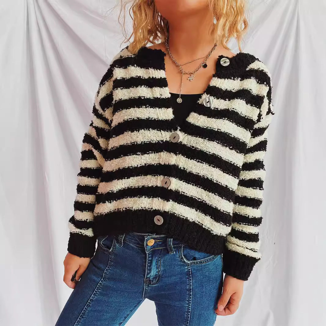 Striped sweater cardigan women autumn and winter new style circle yarn single-breasted design short jacket top