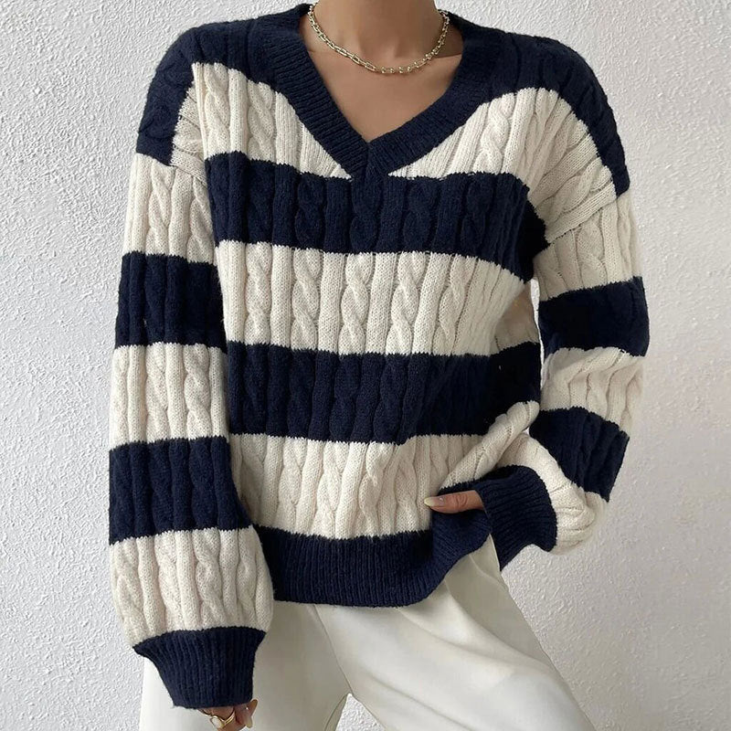 Autumn and Winter Sweater Women's All-match Pullover V-neck Long Sleeve Twisted Striped Contrast Color Knitted Cardigan