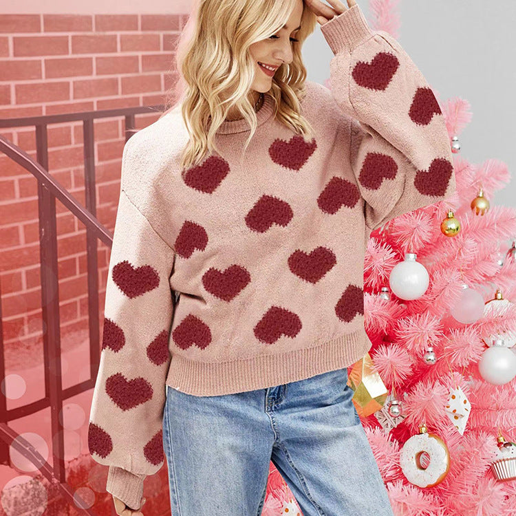 New arrival puff sleeve Valentine's Day pink sweater loose sweet love jacquard pullover sweater