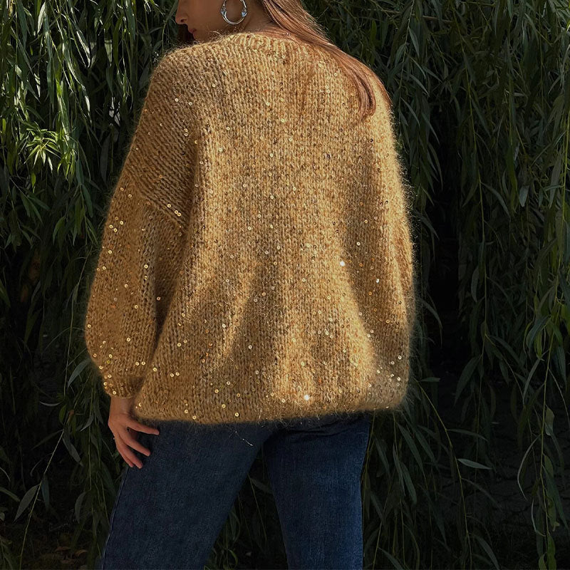 Fashion sequined wool sweater new arrival loose round neck lantern sleeve pullover knit sweater