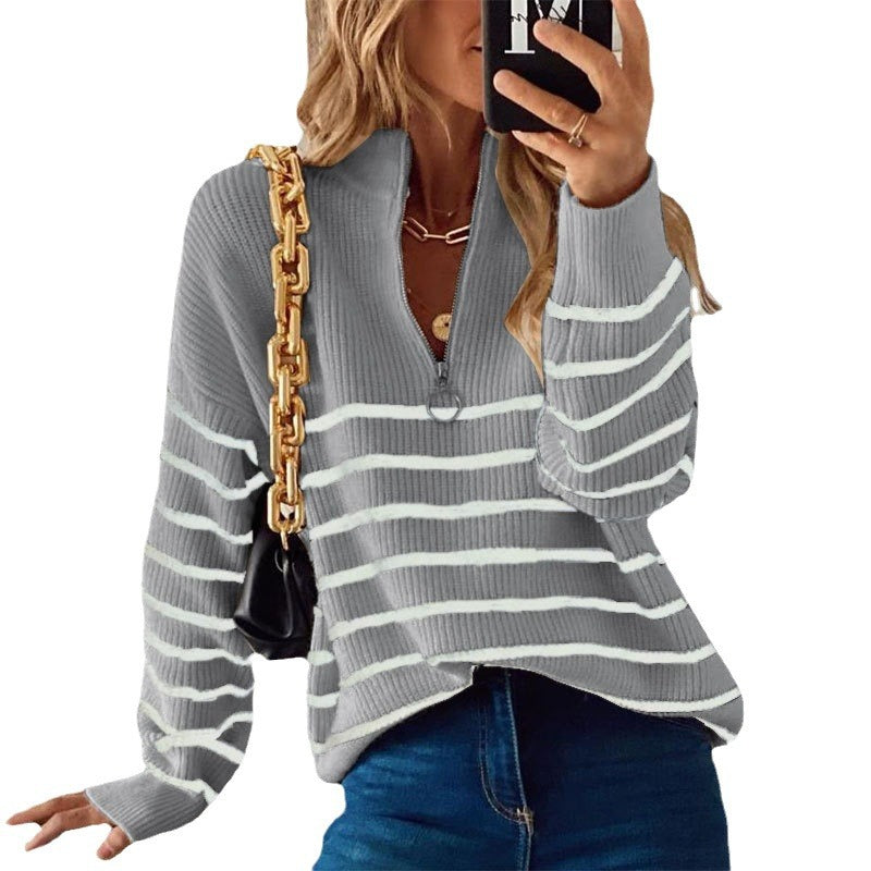 High collar autumn and winter new striped color matching long sleeve women's top zipper pullover sweater