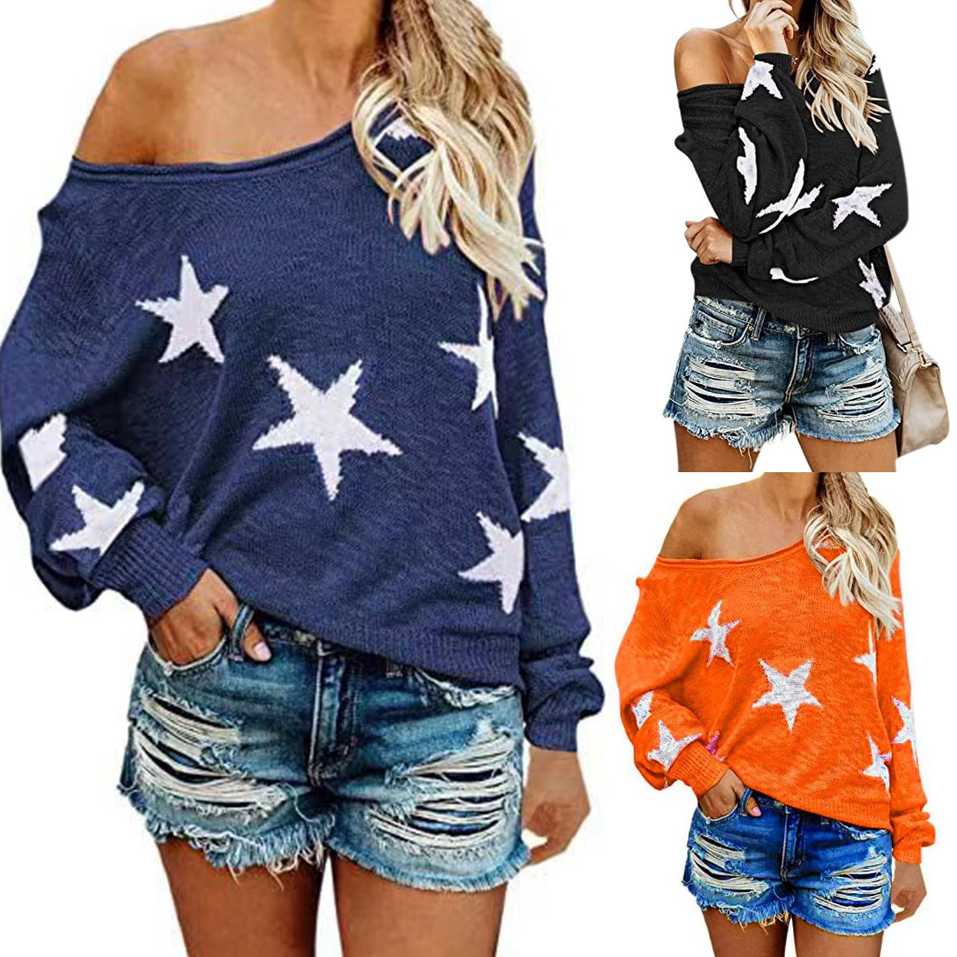 New autumn round neck long sleeve star loose pullover knitted sweater for women