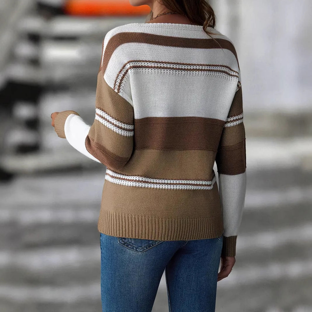 Loose V-neck colorblock striped sweater pullover long-sleeved sweater