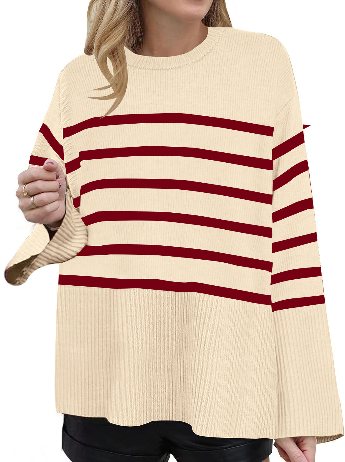 Fashionable ladies fresh and sweet round neck loose striped sweater