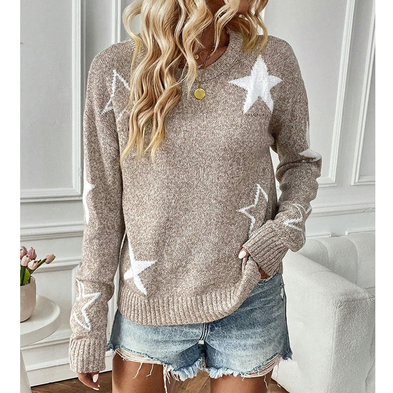 New autumn sweater for women with five-pointed star pattern round neck long sleeve pullover top