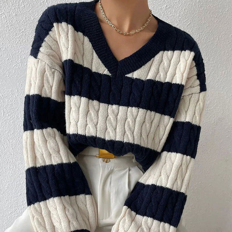 Autumn and Winter Sweater Women's All-match Pullover V-neck Long Sleeve Twisted Striped Contrast Color Knitted Cardigan