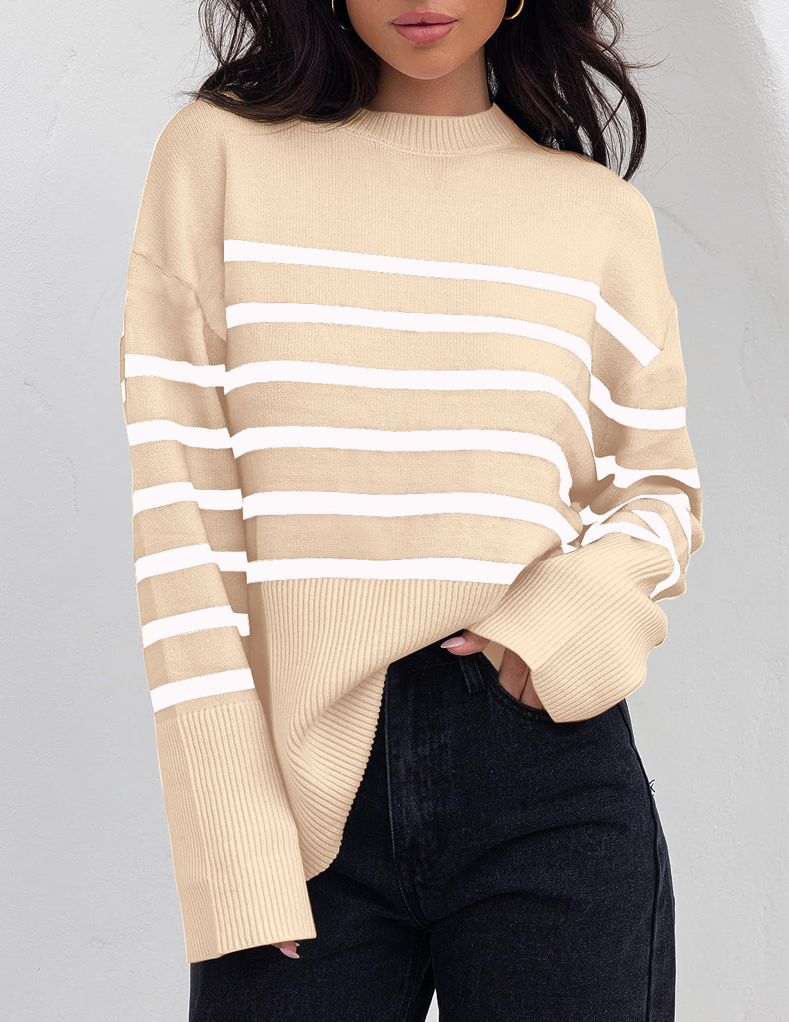 Fashionable ladies fresh and sweet round neck loose striped sweater