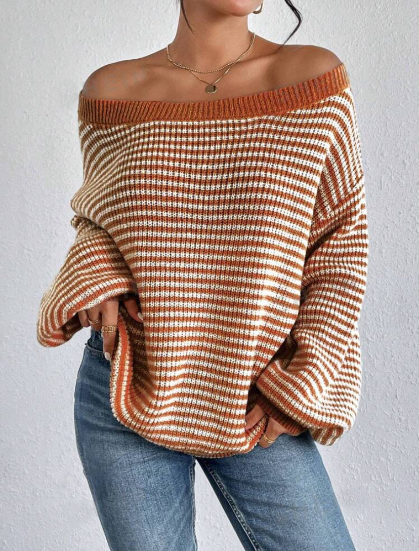 Winter new striped one-shoulder off-shoulder contrast striped lantern sleeve knitted women's clothing