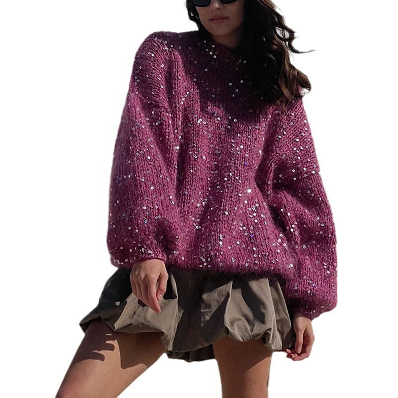 Fashion sequined wool sweater new arrival loose round neck lantern sleeve pullover knit sweater