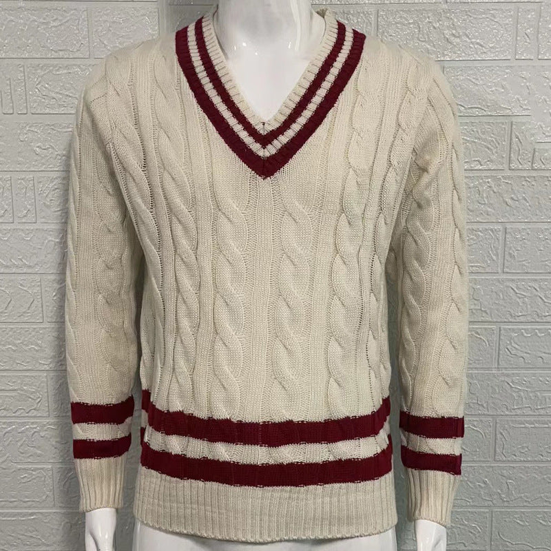 V-neck sweater men's striped color matching knitted sweater autumn and winter fashion sweater