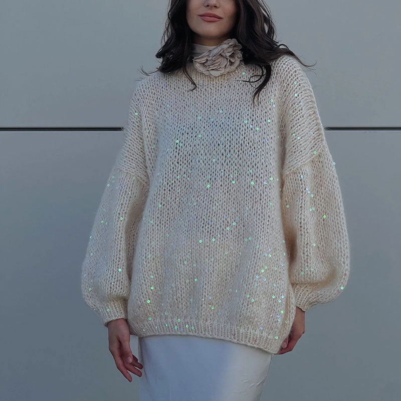 Fashion sequined wool sweater new arrival loose round neck lantern sleeve pullover knit sweater