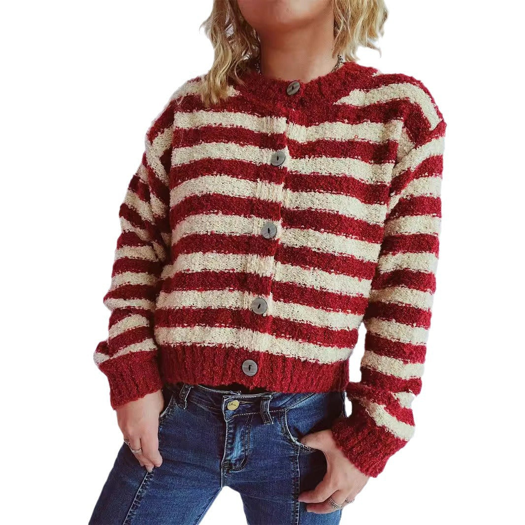 Striped sweater cardigan women autumn and winter new style circle yarn single-breasted design short jacket top