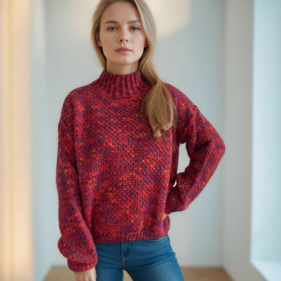 Autumn and winter new women's knitted sweater half round neck casual contrast color thick sweater