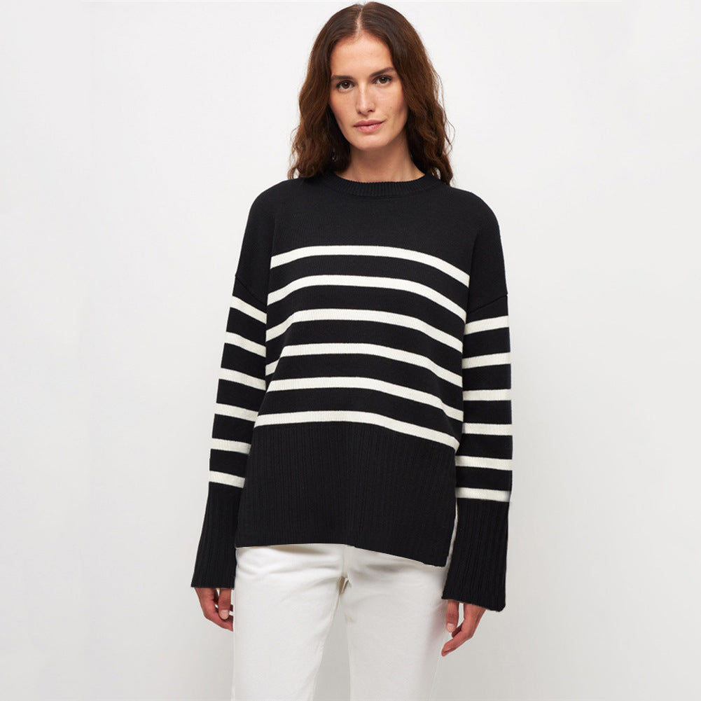 Fashionable ladies fresh and sweet round neck loose striped sweater