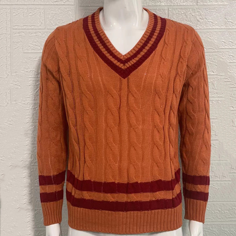 V-neck sweater men's striped color matching knitted sweater autumn and winter fashion sweater