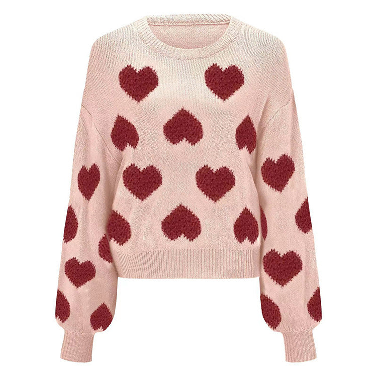 New arrival puff sleeve Valentine's Day pink sweater loose sweet love jacquard pullover sweater