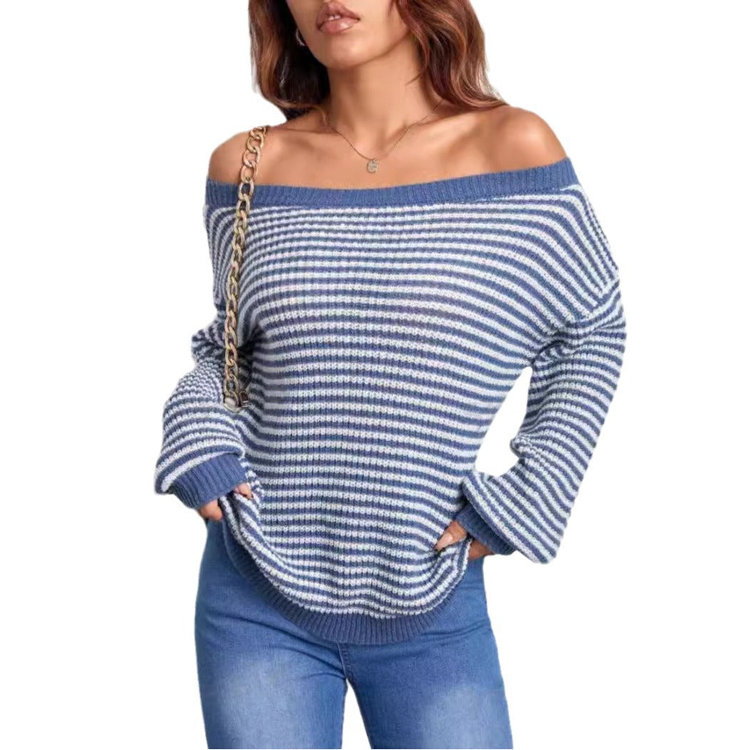 Winter new striped one-shoulder off-shoulder contrast striped lantern sleeve knitted women's clothing